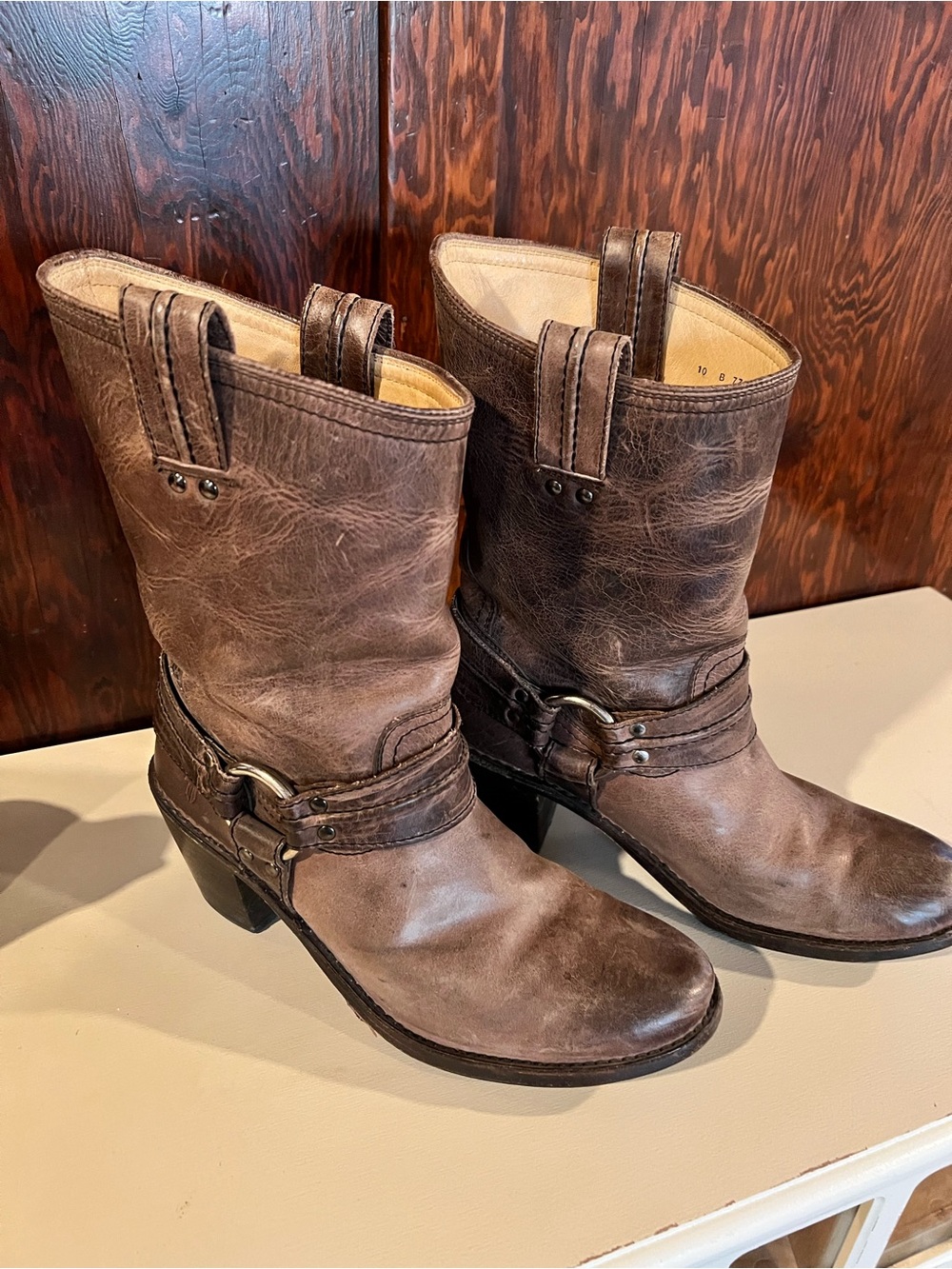 FRYE Brown Leather Harness Boots Women’s Size 10 B Western Moto Mid Calf